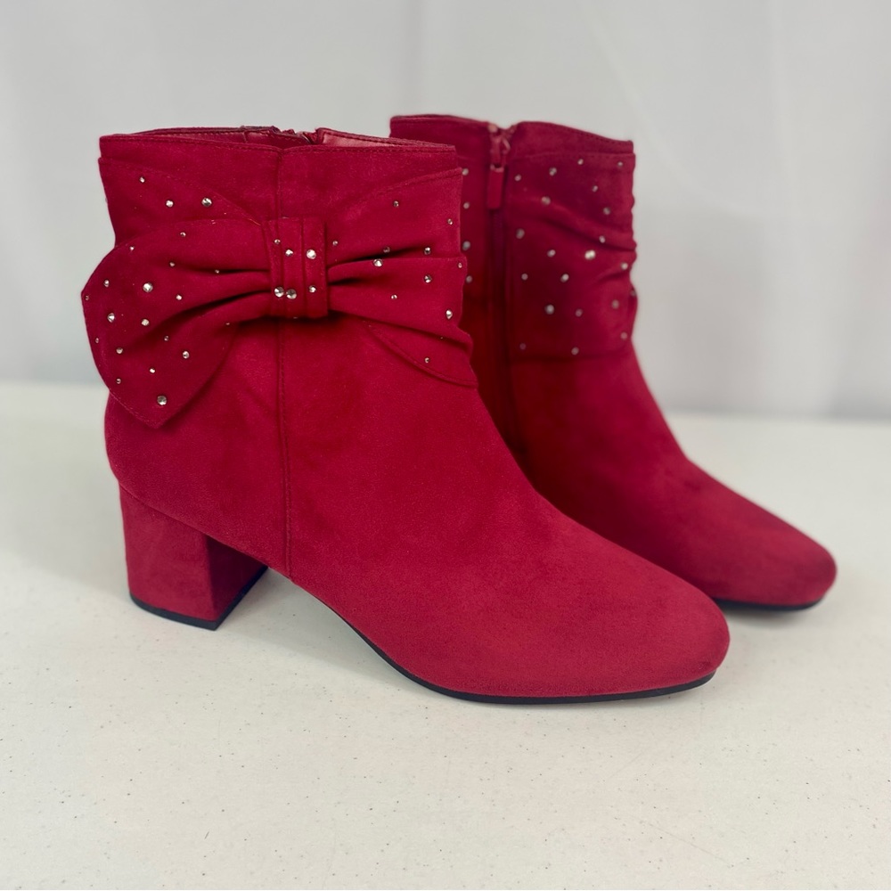 IMPO Scarlet Red Jazlyn Bootie Rhinestone Bow SIZE 10 M